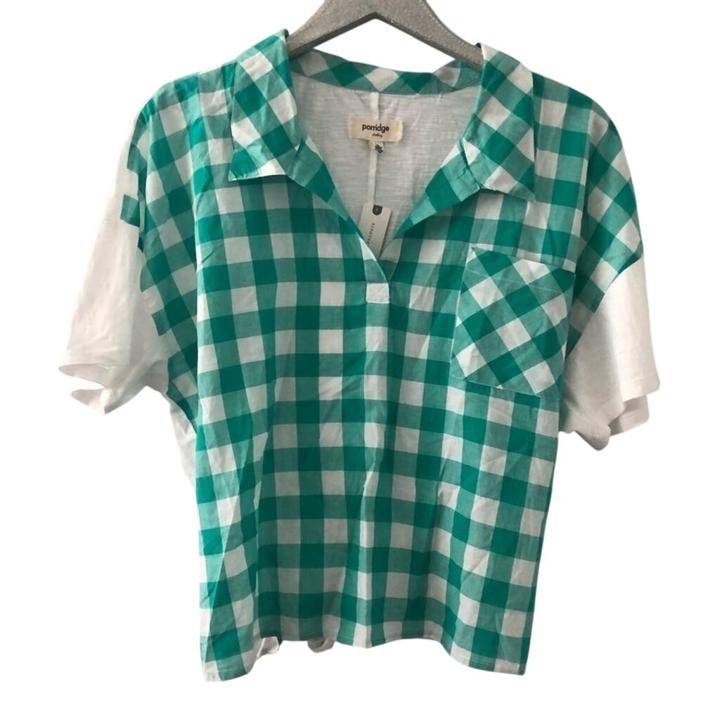 Anthropologie Porridge Golda Gingham Print Tie Back Top Turquoise NEW